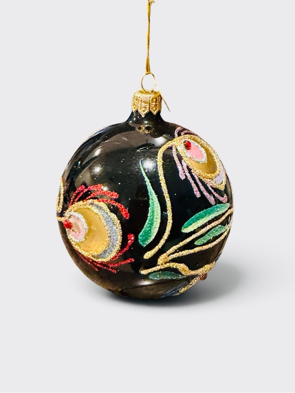 Pier 1 Imports Round Glass Peacock Feather Design Glitter Ornament